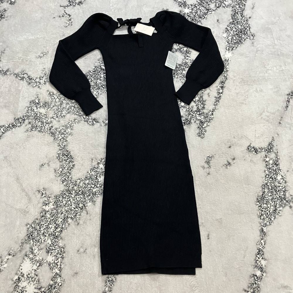 Charles Henry Black Rib Knit Midi Dress Sizeโ S Puff Sleeve Square Neck NWT